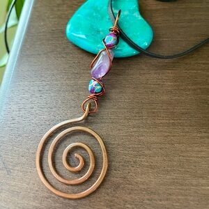 Copper Spiral Charm and Amethyst Crystal Gemstone Wire Wrapped Leather Necklace